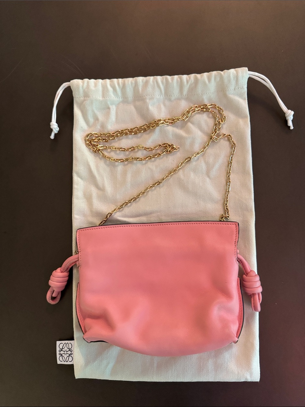 Loewe Pink Leather Knot Mini Bag with Gold Chain Strap